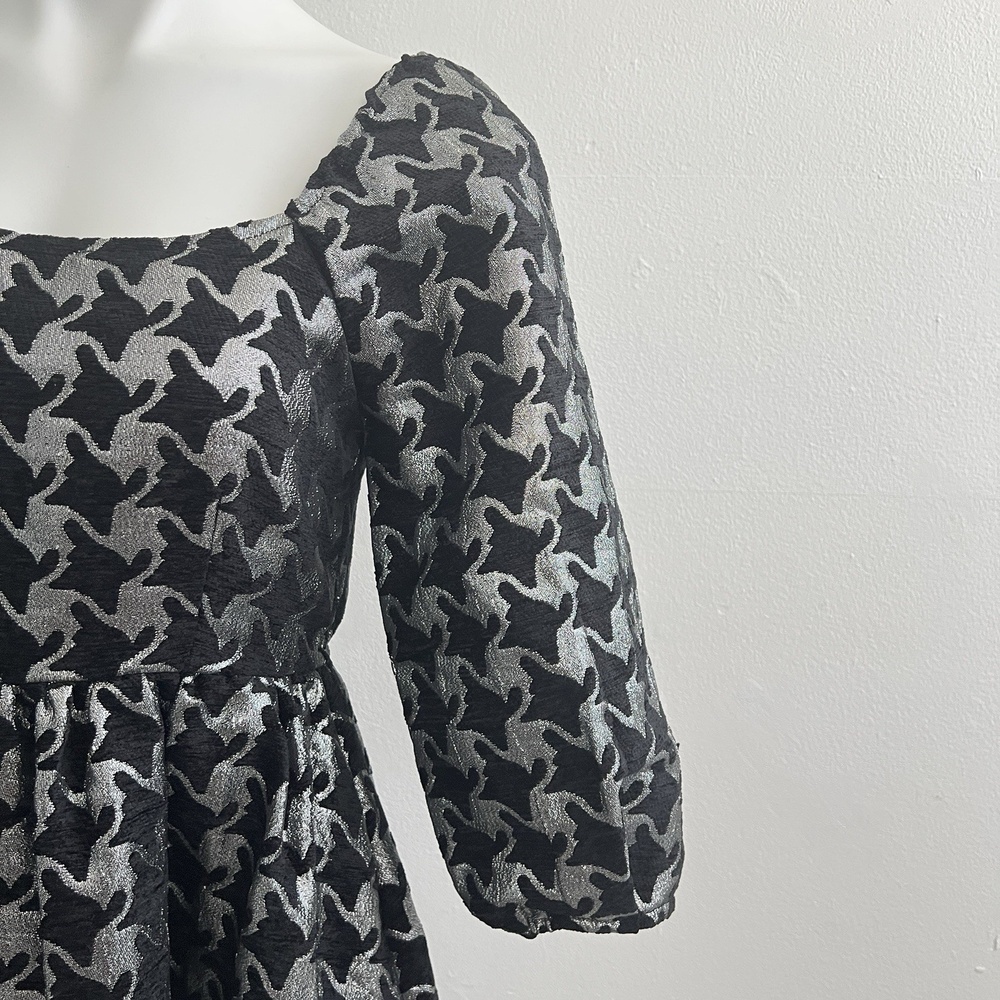 NEW Anthropologie Balloon Sleeves Dress XSMALL DAMASK houndstooth Silver Black - Picture 4 of 10